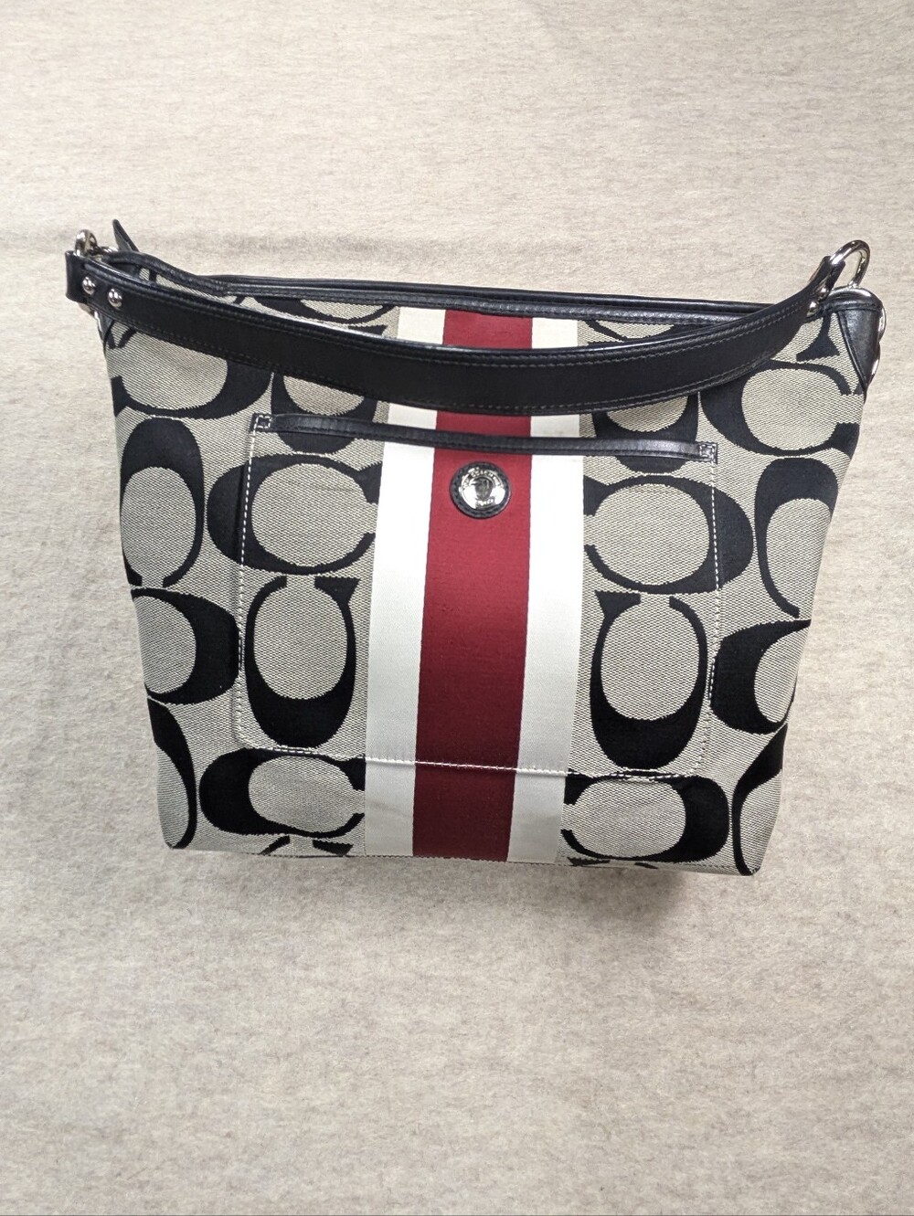 Vintage Coach Hamptons Satin Red Stripe Shoulder Bag Purse Monogram Mid Sz Tote